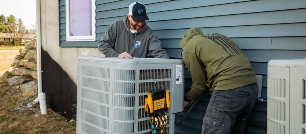 Two Gary Paul Mechanical technicians fixing A/C unit